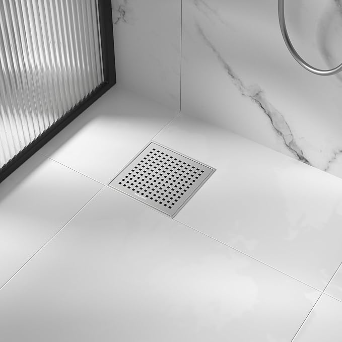 Square Shower Drain 6", 304 Stainless Steel Floor Drain w/Hair Strainer, Grid Shower Drain w/CUPC Certified, Brushed