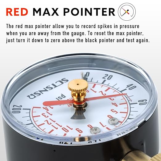 0 to 200 Psi Water Pressure Test Gauge with Red Max Pointer, 2.5 inch Dial Size, 3/4 inch Female Garden Hose Thread, Black Steel Case, Inspector for Home Hose Bib, House Water Tube, Spigot