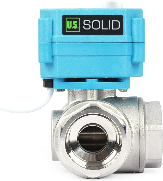 U.S. Solid 1" 3 Way Stainless Steel Motorized Ball Valve L Type AC/DC9-24V, Water Shutoff Valve with Manual Function, Standard Port