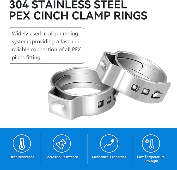 100 Pack 3/4 Inch Pex Cinch Clamp Rings,Premium 304 Stainless Steel PEX Crimp Ring,Pex Fitting Clamps Pinch Ring for PEX Tubing Pipe Fittings Connection