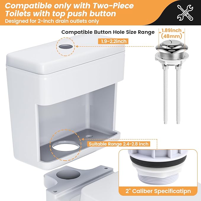 2-Inch Dual Flush Valve Replacement Kit for 2-Piece Toilets, Universal Toilet Repair Kit with Push Button, Fill Valve, Gasket & Bolts,Compatible with Glacier Bay, Kohler, American Standard, and Toto