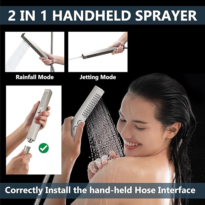 Aolemi Shower Faucet Set Ceiling Mount Shower System Rough-in Valve and Shower Trim Kit 16 and 6 Inch Dual Shower Head 2 in 1 Handheld Spray Push Button Diverter Brushed Nickel
