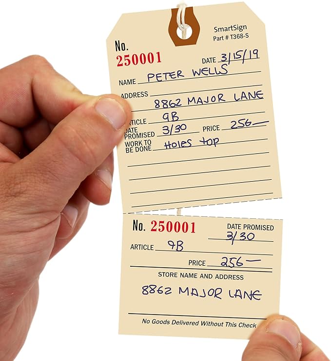 SmartSign (Pack of 100) 5.25 x 2.625 inch Numbered Repair Tags with Pre-Attached String and Stub (Size - 6), 10 Point Manila Cardstock