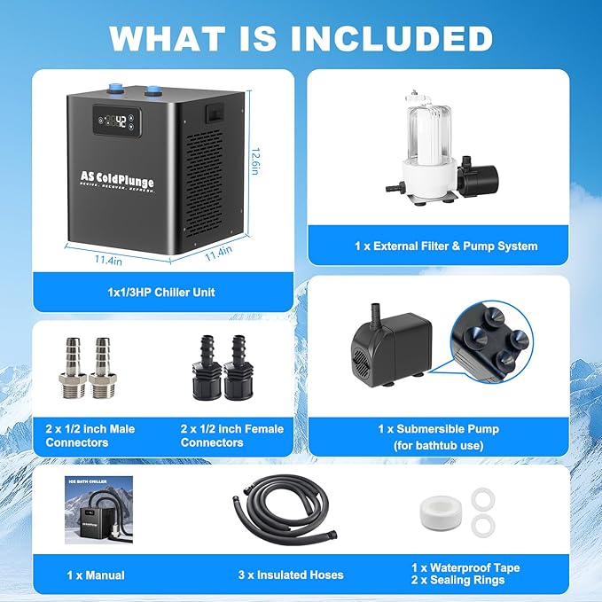 Ice Bath Water Chiller for Cold Plunge Tubs, 1/3 HP Upgraded Cold Plunge Chiller with External Filter Water Pump, Ideal for Cold Plunge Recovery Ice Bath Tub Home 110V Cooling Chiller