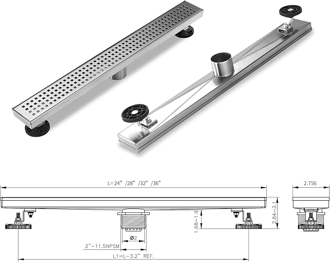 Linear Shower Drain 28 Inch Rectangular, Brushed Nickel SUS-304 Stainless Steel Shower Drain, 51L/Min Fast Drainage Floor Linear Drain, US Standard CUPC Certified, Brushed Silver, SD-112-28S