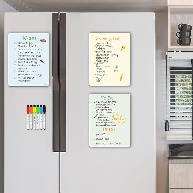 Magnetic Dry Erase Board - 8.5”x11” Dry Erase Whiteboard in 3 Colors - Reusable Blank Whiteboard for Fridge – 6 Dry Erase Markers Included