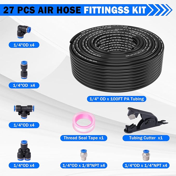 1/4" Air Line Tubing Kit,100 FT(30m)1/4 Inch DOT Air Line SAE j844 PA Nylon Air Hose Quick Connect Fittings with Cutter and Teflon Tape,1/4" Air Hose Kit for Pneumatic System Or Fluid Transfer(27 PCS)
