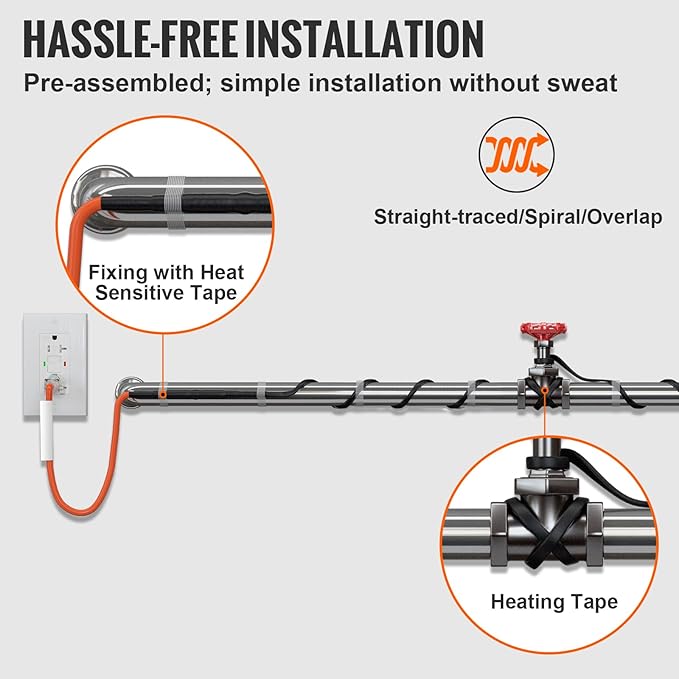 VEVOR Self-Regulating Pipe Heating Cable, 3FT 5W/FT Heat Tape for Pipes Freeze Protection, Water Pipe Heat Cable with Built-in Thermostat Protects PVC Hose, Metal and Plastic Pipe from Freezing