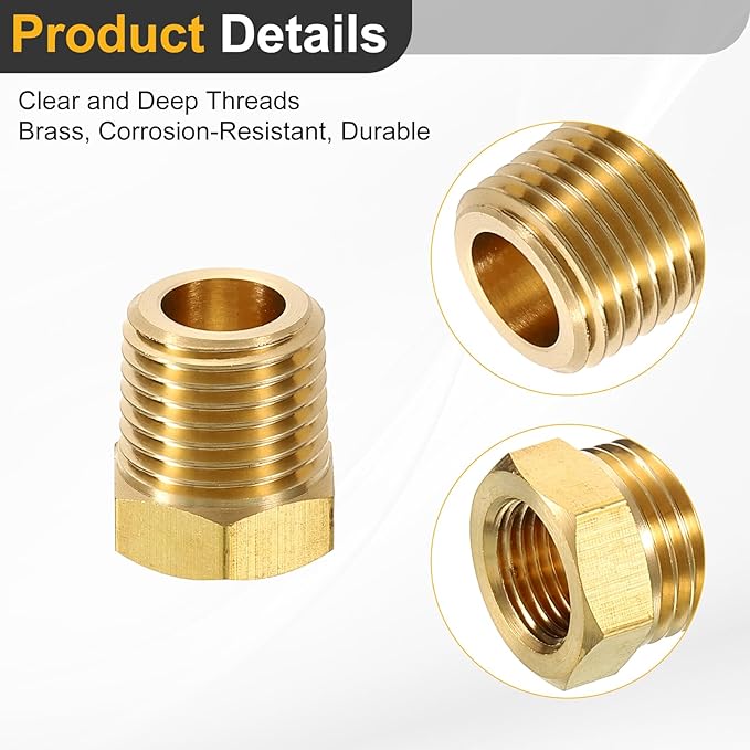 uxcell 2Pcs 1/4 BSPT Male x 1/8 NPT Female Brass Reducer Hex Bushing Threaded Pipe Fitting, Brass Threaded Pipe Fitting Adapter for Water, Gas, Oil Pipeline Systems