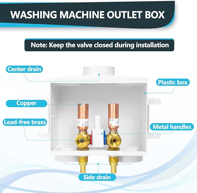 Washing Machine Outlet Box, Double Drains, Single Lever, 1/2 Inch Pex Crimp Inlet x 3/4 Inch MHT Outlet Connection, with Copper Water Hammer Arrestor (Pack of 50)(WM016-50Pack)