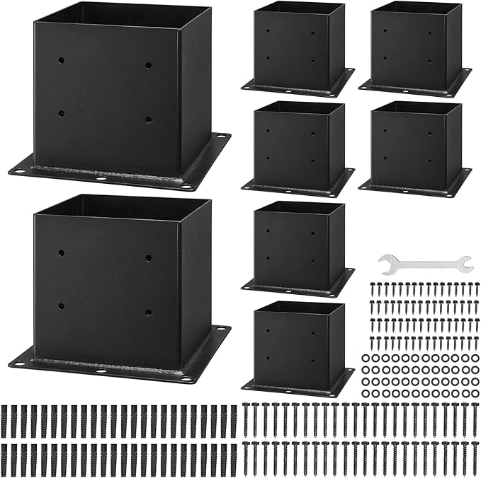 VEVOR 4x4 Post Base 8 Pcs, Inner Size 3.6x3.6 inch / 92x92 mm Post Brackets, Heavy Duty Carbon Steel Decking Posts, Wood Posts Brackets for Pavilion Deck Railing Support Deck Base Plate, Black