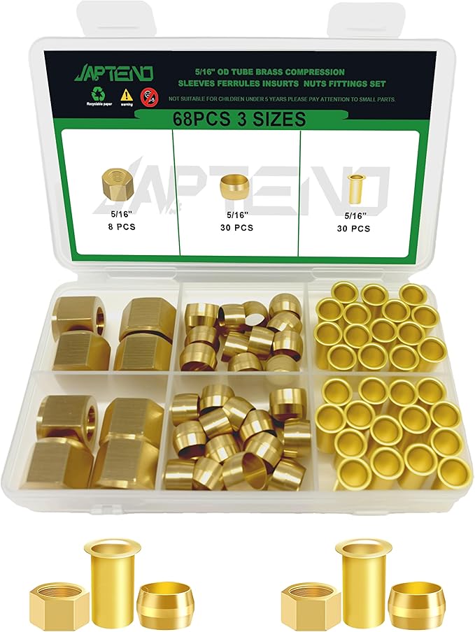 68pcs 5/16" Brass Compression Sleeves Ferrules Inserts Nuts Fittings Assortment Kit, Air Hose Ferrules Kit of Air Water Fuel Oil Gas Tube Lines