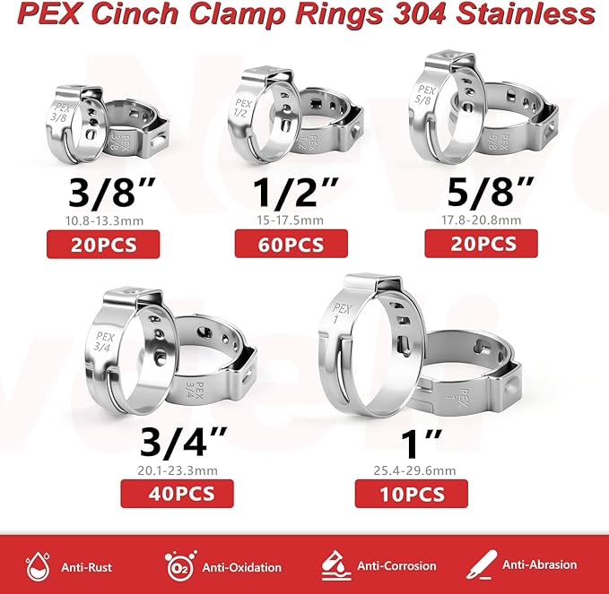 Newdeli 150Pcs Pex Crimp Rings 3/8" 1/2" 3/4" 5/8" 1" PEX Clamps Single Ear Hose Clamps Pex Fittings Cinch Pinch Clamp for Pipe Tubing Connections