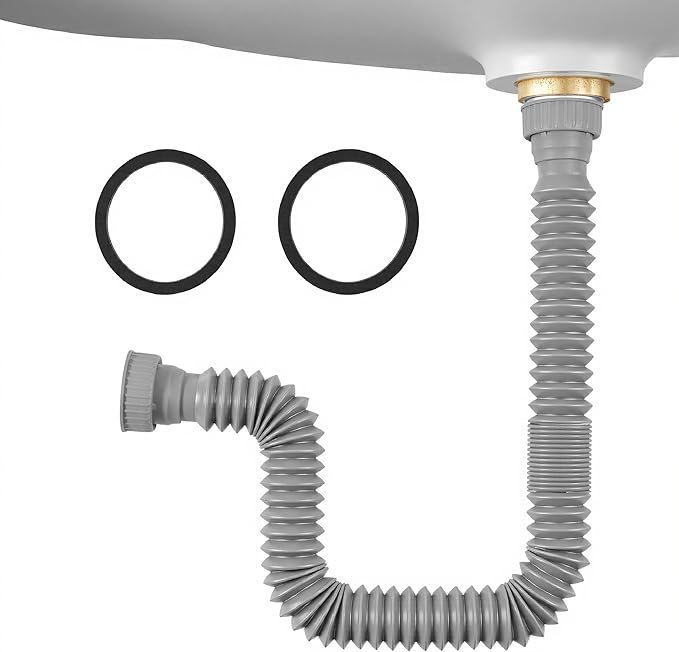 Sink Drain Pipe Kit, 1 Pack Flexible Drain Pipe P Trap, 12.79"-35.03" Flexible P Trap, Under Sink Plumbing for Bathroom & Kitchen, 1-1/4" Adapter Included