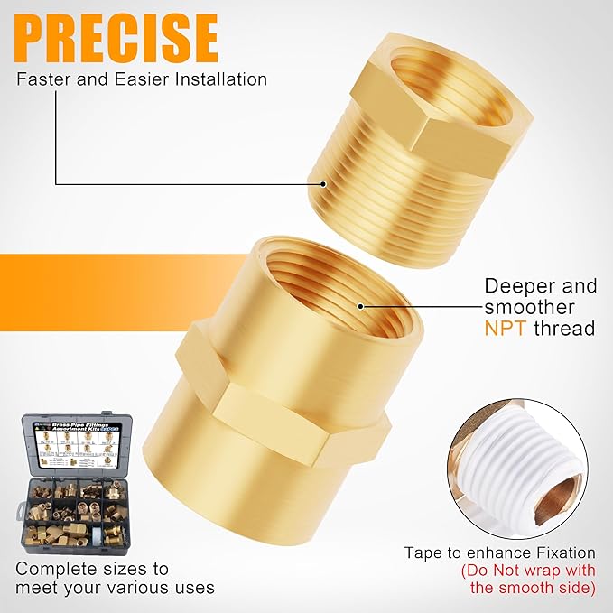92PCS Brass Pipe Fittings Assortment Kit NPT Adapter,Hex Nipple,Reducer Bushing,Hex Coupling,90 Degree & 45 Degree Barstock Street Elbow,Street Tee,Bulk Head Fittings Kits