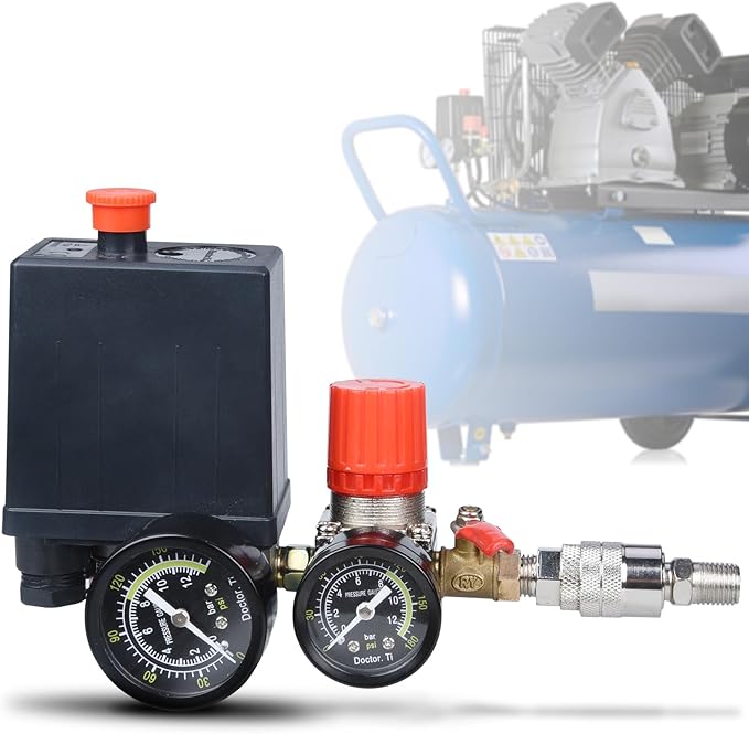 Preciva Air Compressor Pressure Switch Control Valve with 4 Way Valve Air Pressure Regulator 0-180PSI / Safety Pressure Relief Valve/Threads Pipe & Plug
