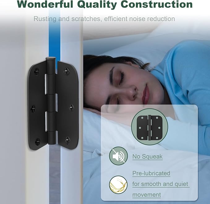 Estmoon 42 Pack Matte Black Door Hinges 3.5 x 3.5 Inch, 5/8" Radius Rounded Interior Hinges for Standard Doors, 6 Holes