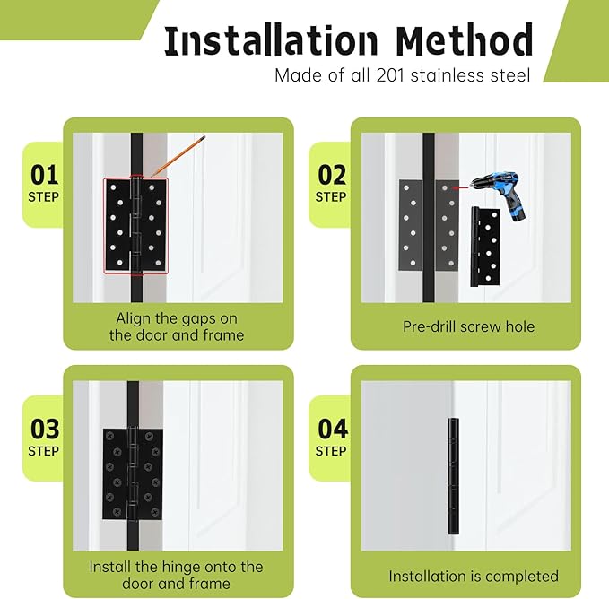 6 Pack Black Door Hinges 6 Inches Ball Bearing Hinges Heavy Duty Stainless Steel Hinge with Screws, Square Corner, Smooth and Quiet