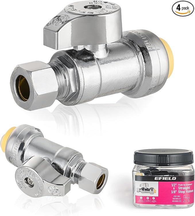 Pro 4-Pack EFIELD Push Fit 1/4 Turn Straight Stop Valve, 1/2 Push x 3/8 Inch Compression With A Clip, Chrome Plated LF Brass, Heavy Duty,(PF-VALVE084)