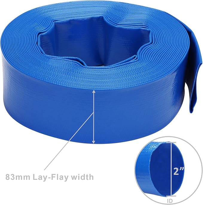 Lay-Flat Pool Backwash Hose - 2" x 50Ft Reinforced Heavy Duty PVC Discharge Hose Weather-Proof Vinyl Pool Drain Hose for Water Transfer with 2 clamps