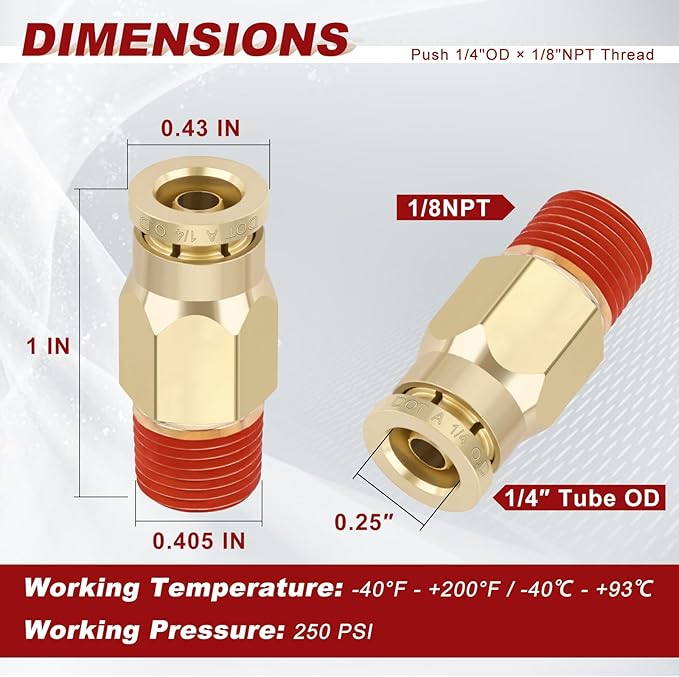 1/4" Quick Push to Connect Fittings Brass Union Straight Joint DOT Approved 1/4" Tube OD x 1/8" NPT Thread Air Line Adapter Air Suspension Kit for Truck Trailers and Air Brake System 10pcs