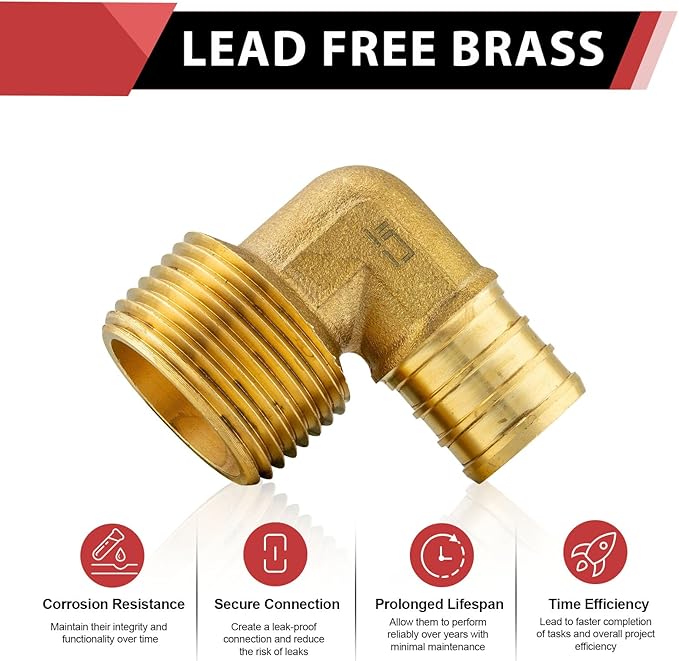 (Pack of 10) EFIELD Pex 3/4 inch x1/2 inch Male NPT Threaded Elbow Barb Crimp Brass Fittings, ASTM F1807,(PEX1807101)