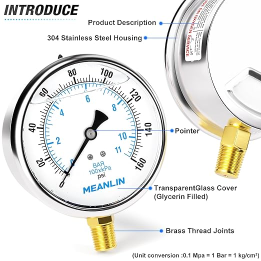 MEANLIN MEASURE 0~160Psi Stainless Steel 1/4" NPT 4" FACE DIAL Liquid Filled Pressure Gauge WOG Water Oil Air Lower Mount, with 1/4" x 1/2" NPT and 1/4" x 3/8" NPT Hex Bushing