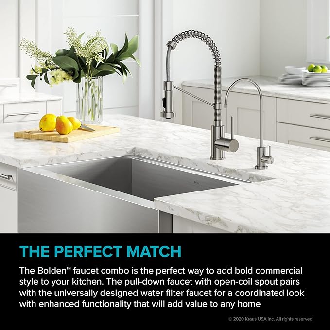 KRAUS Bolden Commercial Style Pull-Down Kitchen Faucet and Purita Water Filter Faucet Combo in Matte Black, KPF-3121-FF-100MB
