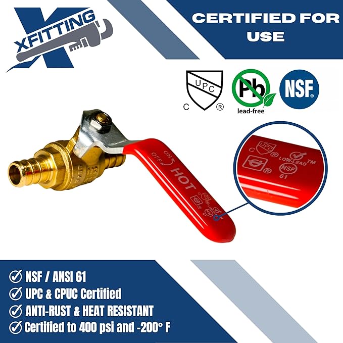 XFITTING 4 Pieces 1/2" Pex Ball Valve with Handle Red, 24-2-1=4X (4 Packs)