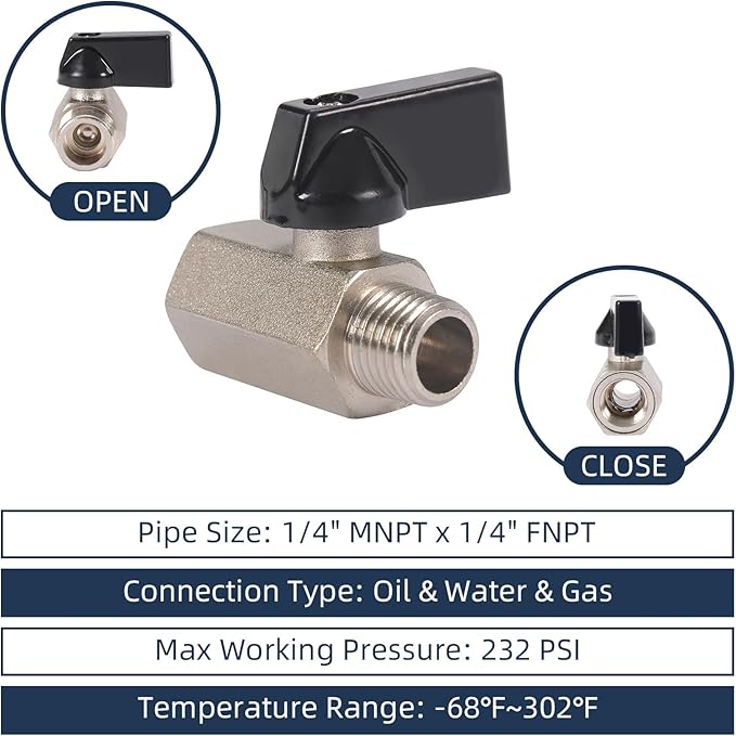 10 Pack 1/4'' Mini Brass Ball Valve 1/4 Inch Female x Male Threaded NPT Ball Valve Shut-Off Valve Plumbing Fitting for Water Oil Gas