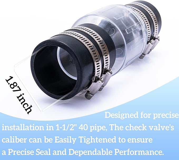 Quiet Check Valve 1 1/2 inch for Sump Pump, Goodbye water hammering, Spring-Loaded Flapper Prevents Backflow, Silent Check Valve with Adjustable Stainless Clamps