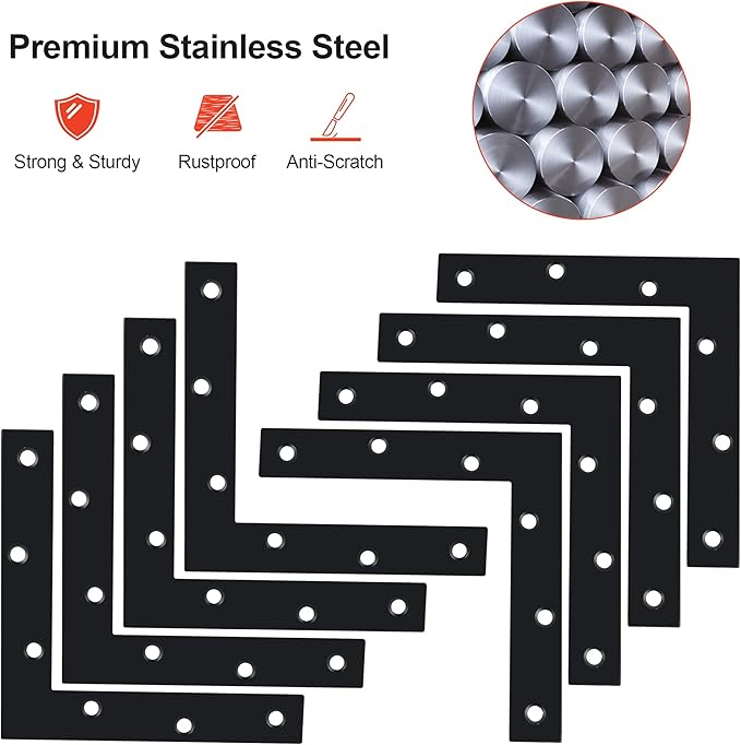 SAYAYO L Brace, 120x120mm / 5" x 5" Metal L Mending Plate L Flat Plate Bracket Stainless Steel Right Angle Corner Brace for Wood Matte Black (10 PCS )