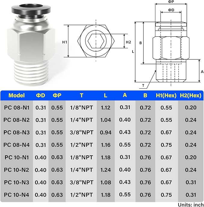 TAILONZ PNEUMATIC Male Straight 10mm Tube OD x 1/8 Inch NPT Thread Push to Connect Fittings PC10-N1 (Pack of 10)