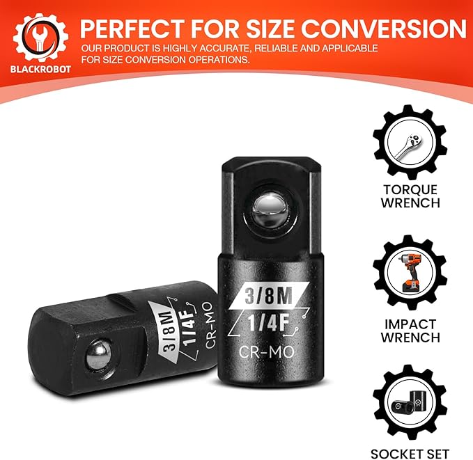 BLACKROBOT 4 Piece 1/4”F To 3/8”M Impact Socket Adapter Set,SAE Drive Cr-Mo Steel Exceeds ANSI Standards,Square Drive Reducer for Impact Driver Wrench