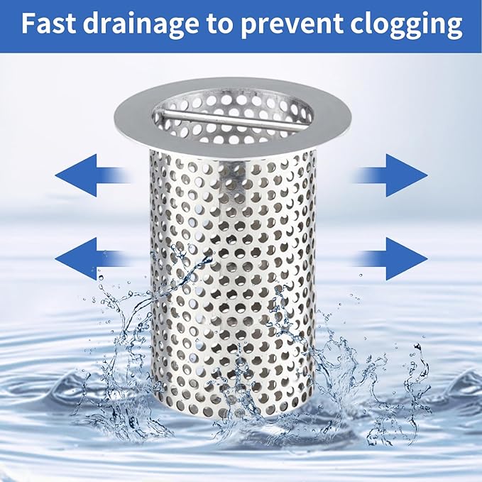 Commercial Floor Drain Strainer, 4 1/2" Lip Diameter x 6" Tall 316 Perforated Cylindrical Mesh Stainless Steel Drain Strainer with Carry Handle for Restaurant/Factory/Kitchen/Laboratory