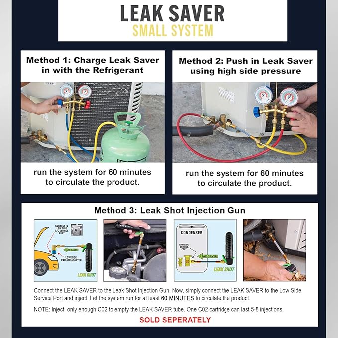 Leak Saver Direct Inject Small System with UV Dye - Refrigerant Leak Sealer - Detects Large Leaks - Ideal for Most Small Home Appliances and HVAC Systems up to 1 Ton - Proudly Made in The USA