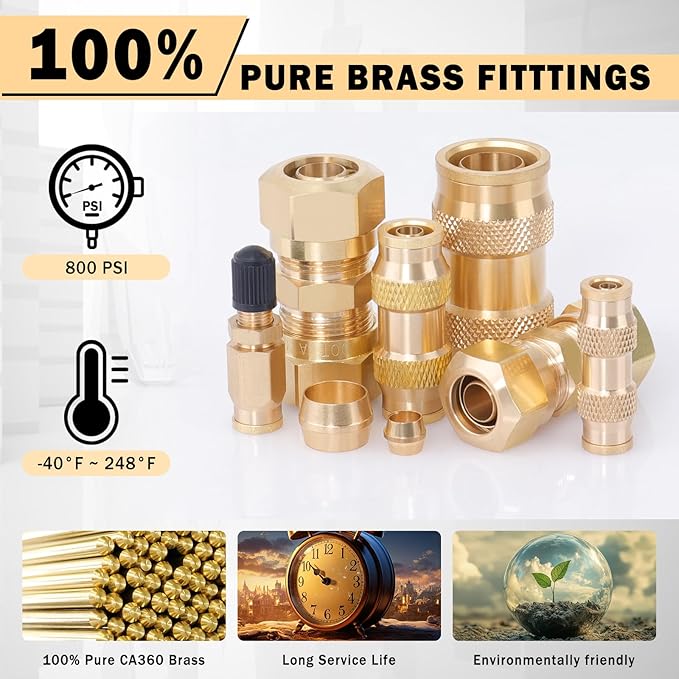 CheeMuii 74 PCS Brass DOT Air Line Fittings Kit DOT Push Lock and Compression Air Fittings Pure Brass Quick Connect Straight Union 1/8" 5/32" 1/4" 3/8" 1/2" 5/8" 3/4" Air Hose Fittings Assortment