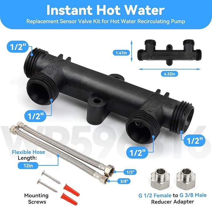 WP596816 Sensor Valve Kit for watts Recirculating Hot Water Pump, Essential Component of Hot Water Recirculation System, Includes 2 x 12in Stainless Steel Pipes & Thermal Bridge Valve