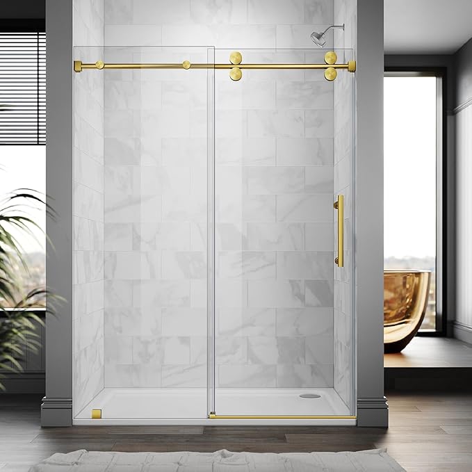 56-60 Inch x 84 Inch Sliding Frameless Shower Door, 3/8" Tempered Glass with Easy-Cleaning Coating, Stainless Steel Rollers & SGCC-Certified Stability, Satin Brass