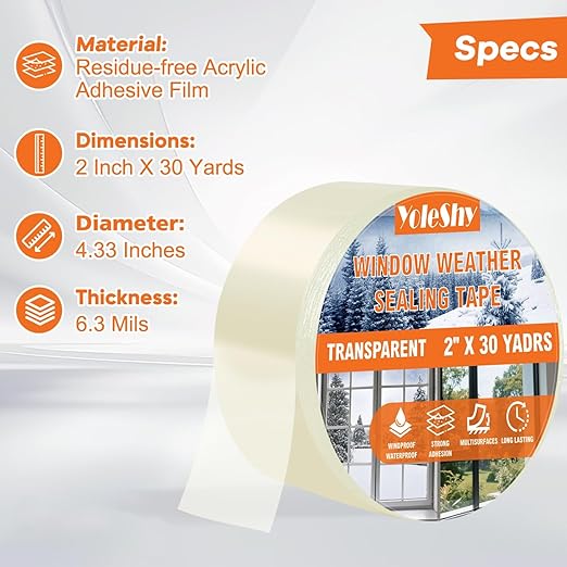 YoleShy Transparent Window Weather Sealing Tape 2 Inch x 30 Yards No Residue Heavy Duty Window Insulation Tape for Doors Winter Cold Draft Proof Gap Sealing
