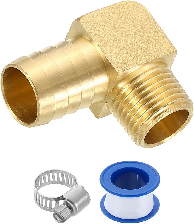 uxcell Brass Hose Barb Fitting, 3/4" x 1/2" NPT 90 Degree Elbow Hose Connector with Hose Clamps for Water Fuel Gas Oil Transportation