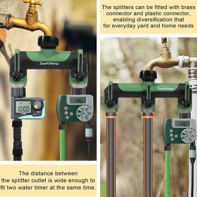Full Flow Heavy Duty Two - Way Hose Splitter, Rugged Garden Faucet Adapter, Spout Diverter T - Way Adapter with Extended Handle, 3/4” GHT Thread, Green