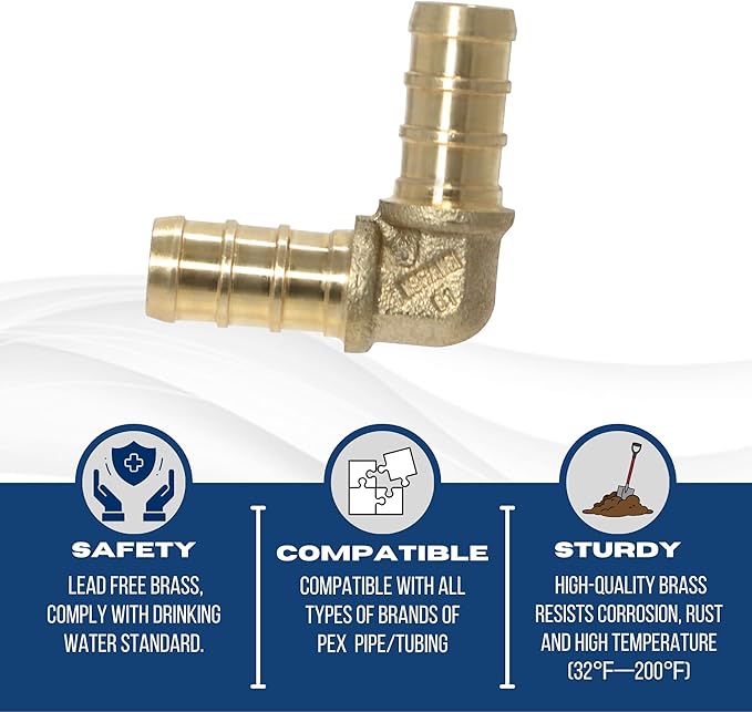 XFITTING Pex 3/8 Inch x 3/8 Inch Pex Elbow Brass Crimp Fitting, 25-5-8=10X, 10 Pieces