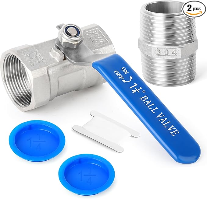 TAISHER 2 Pcs 1-1/4 Inch FNPT Ball Valve Kit, 304 Stainless Steel with Blue Handles & Nipple