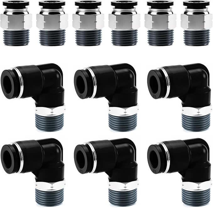 Pneumatic 3/8 Push to Connect Fittings Male Thread Elbow and Straight Combination Air Line Quick Connect Fittings 3/8"OD x 3/8"NPT Quick Connect Air Hose Fittings (Pack of 12)