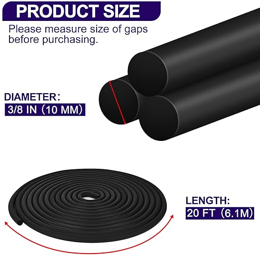 ToLanbbt Backer Rod EPDM Rubber 3/8" Diameter x 20' Length Caulk Saver Door Window Weather Stripping Seal for Concrete Filling Joints and Gaps (Black)