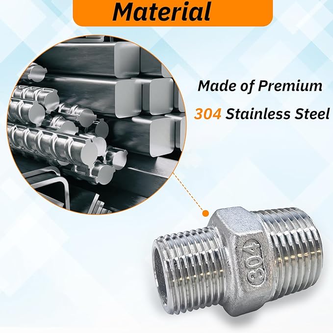 2pcs 1/2" NPT x 3/8" NPT Stainless Steel Nipple, 1/2 to 3/8 Adapter Fitting Reducing Solid Hex Stainless Steel Nipple, Male Reducer for Extending and Connecting Pipes