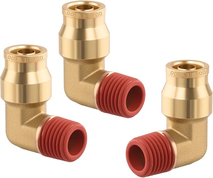 3PCS Brass Quick Push to Connect Fittings, 90 Degree Union Elbow DOT Approved 3/8" Tube OD x 3/8" NPT Thread Air Brake Line Adapter Air Suspension Kit for Car Truck Trailers