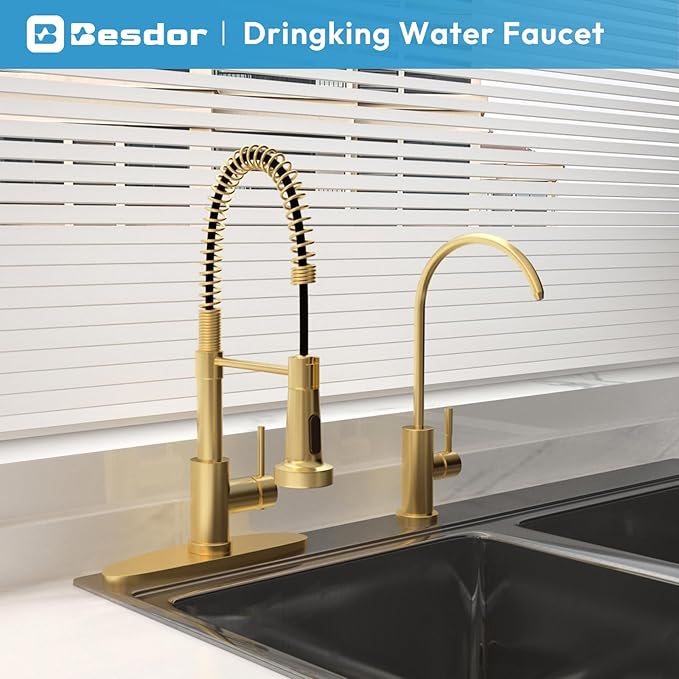 Besdor Reverse Osmosis Faucet, Filtered RO Drinking Water Faucet for Kitchen Sink, Non-Air Gap, 360-degree Rotation, Lead-Free, 304 Stainless Steel, Brushed Gold
