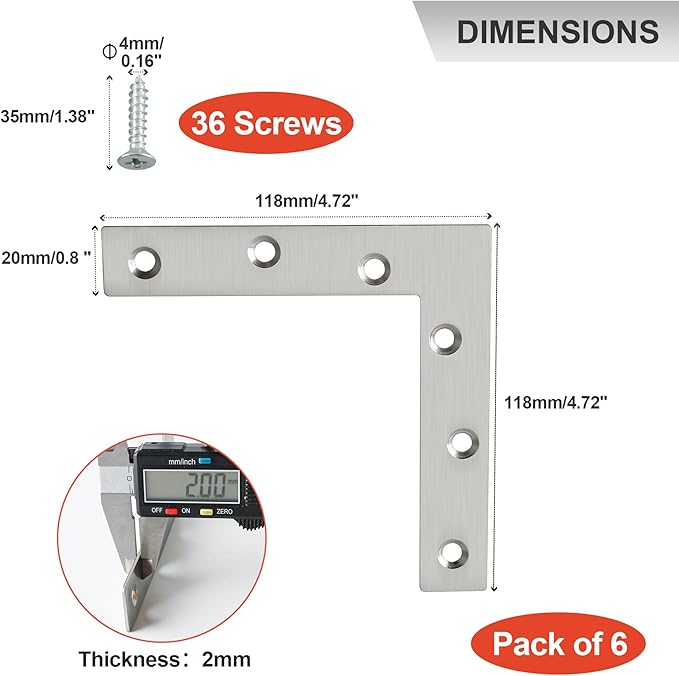 SAYAYO L Brace, 120x120mm / 5" x 5" Metal L Mending Plate L Flat Plate Bracket Stainless Steel Right Angle Corner Brace for Wood Brushed Nickel (6 PCS )
